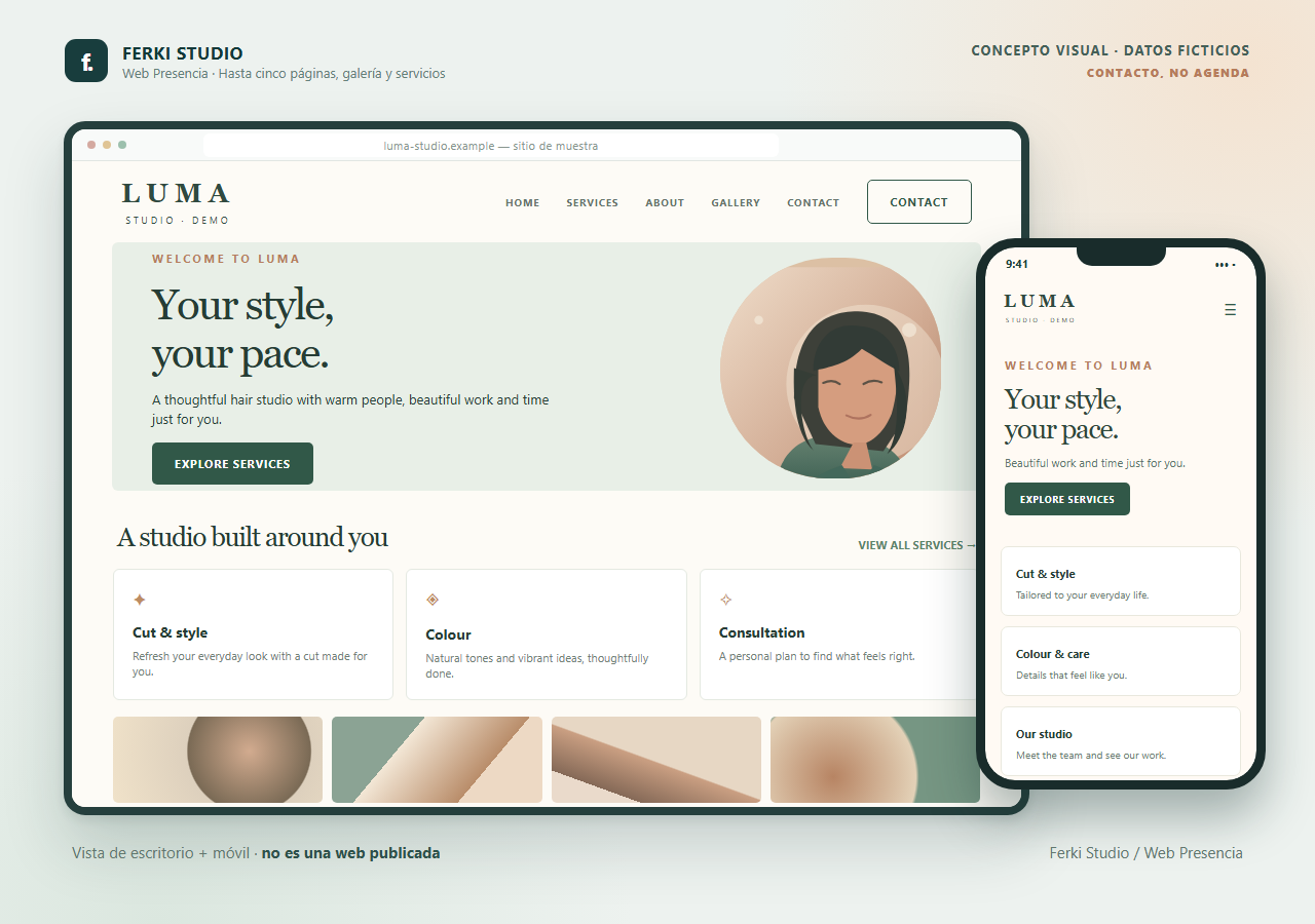 Web de varias páginas de un salón ficticio
